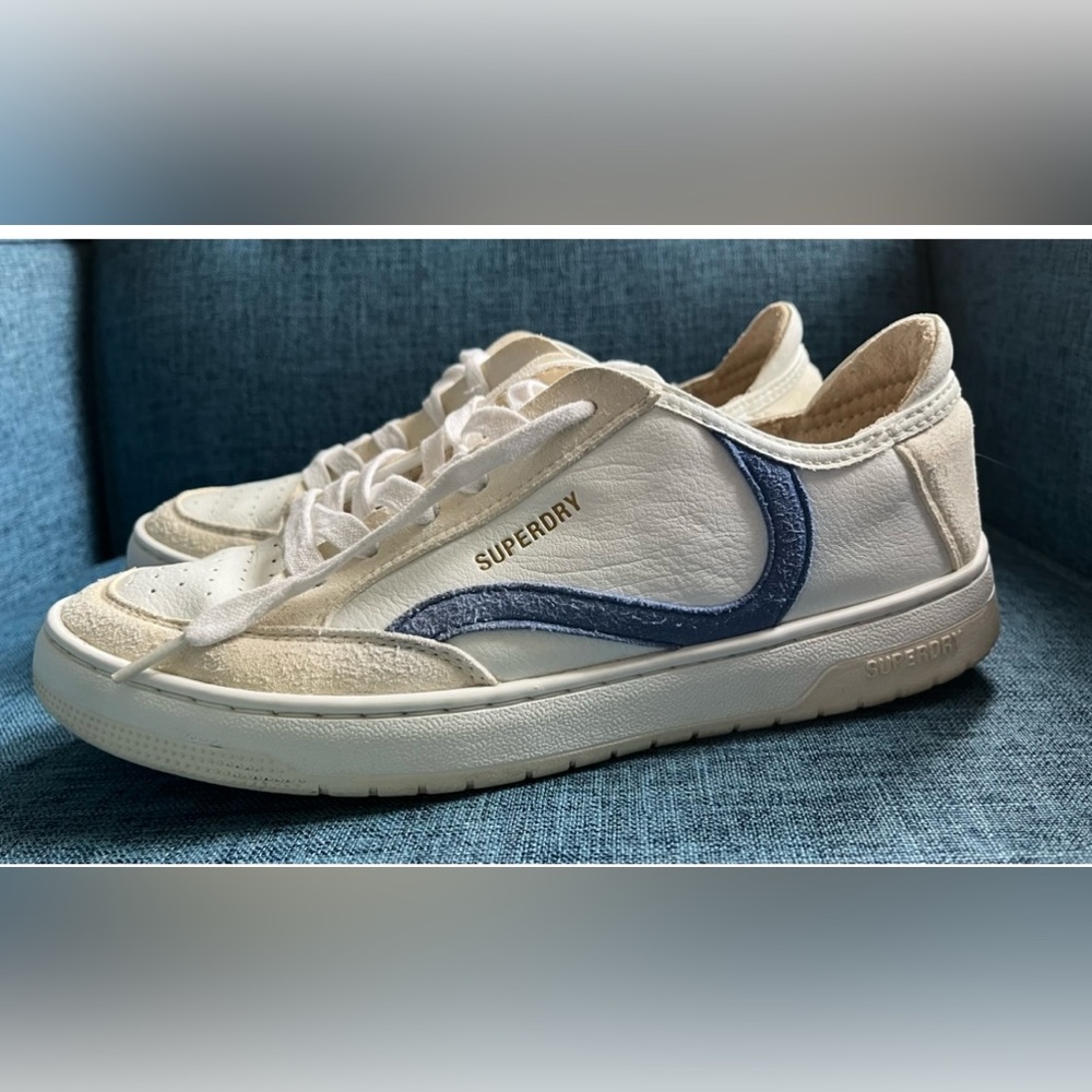 - Men’s Vegan Superdry shoes, size 9 white & blue sneakers cruelty free